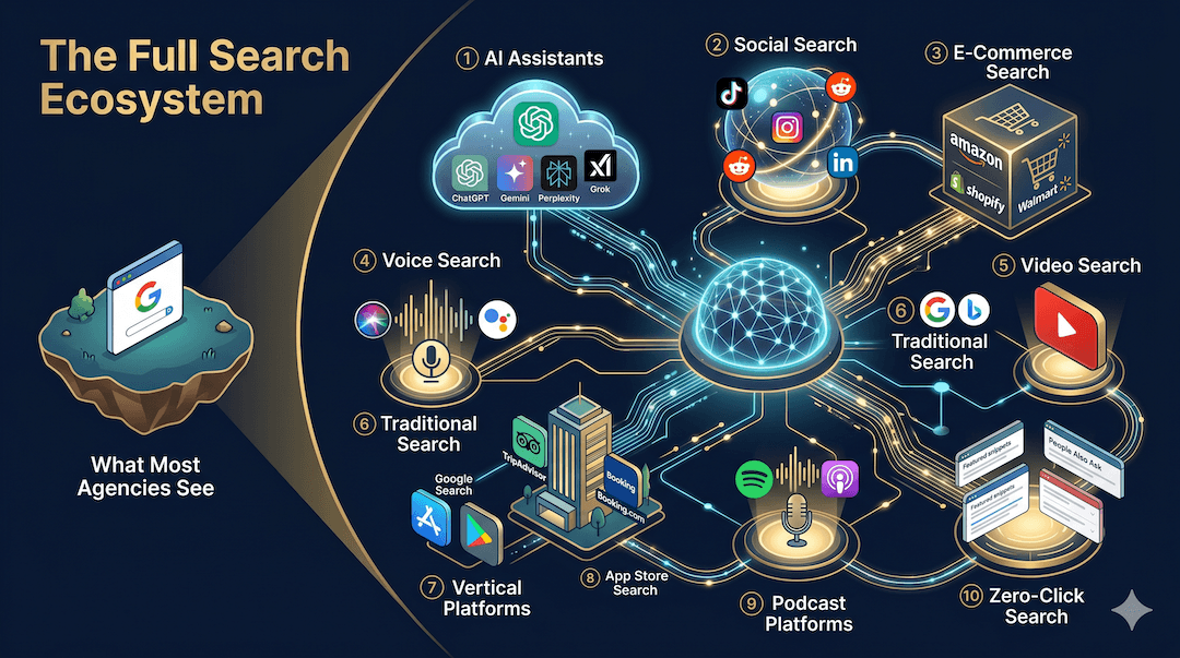 The New Geography of Search — Ecosystem infographic showing AI assistants, social search, e-commerce search, voice search, video search, traditional search, vertical platforms, app store search, podcast platforms, and zero-click search